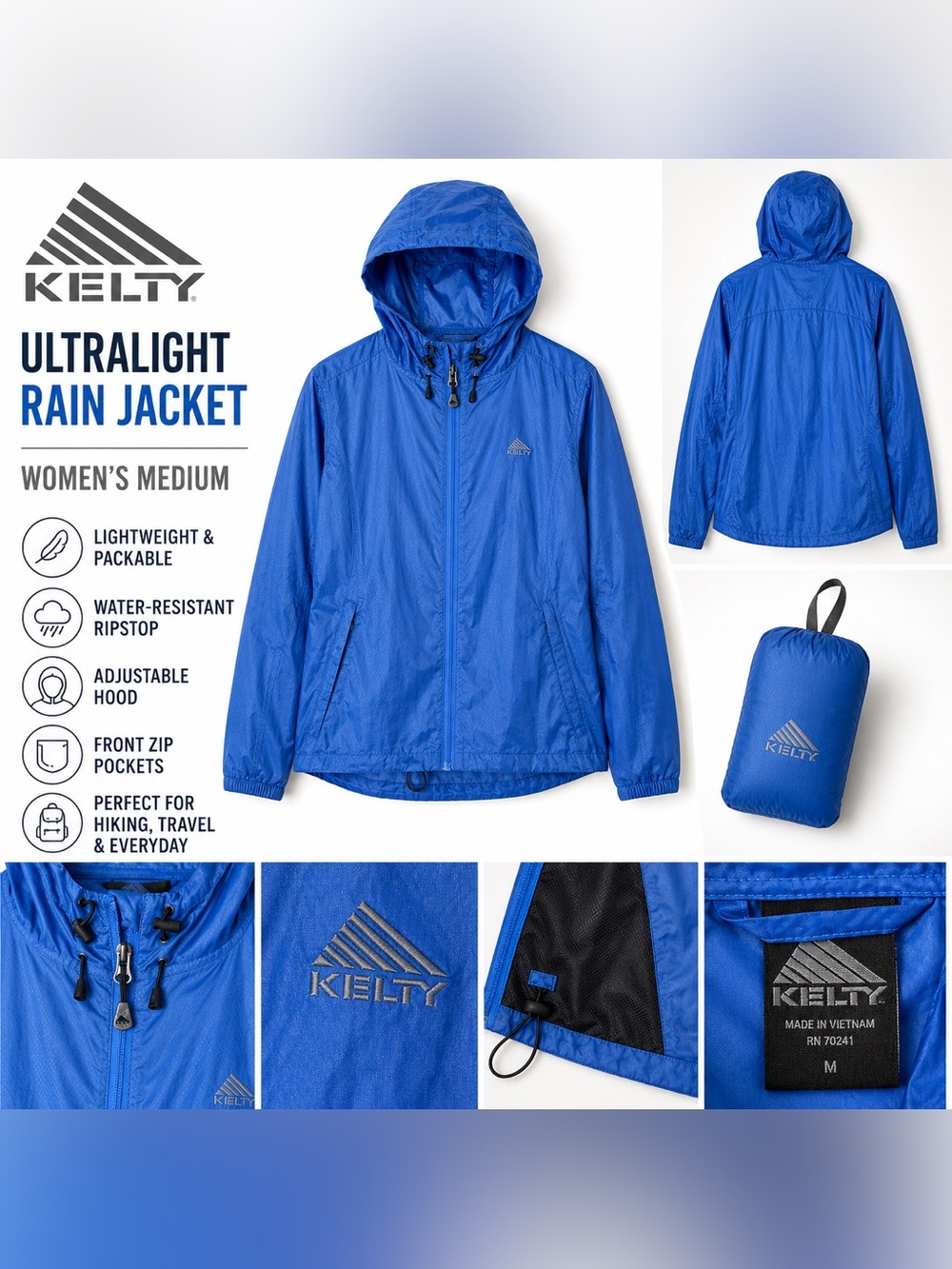 Kelty Ultralight Hooded Rain Jacket Blue Packable Windbreaker Women’s Medium